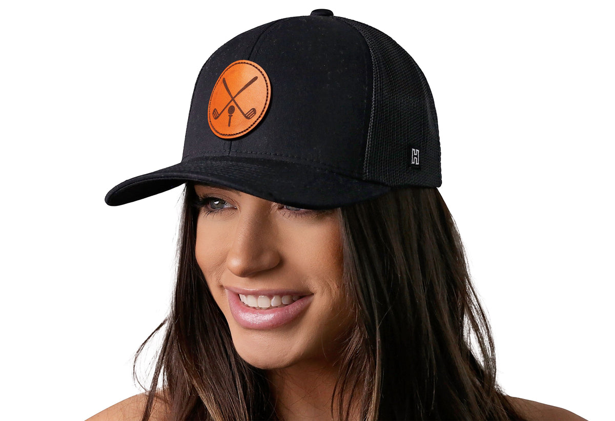 Crossed Clubs Trucker Hat  |  Leather Golf Snapback