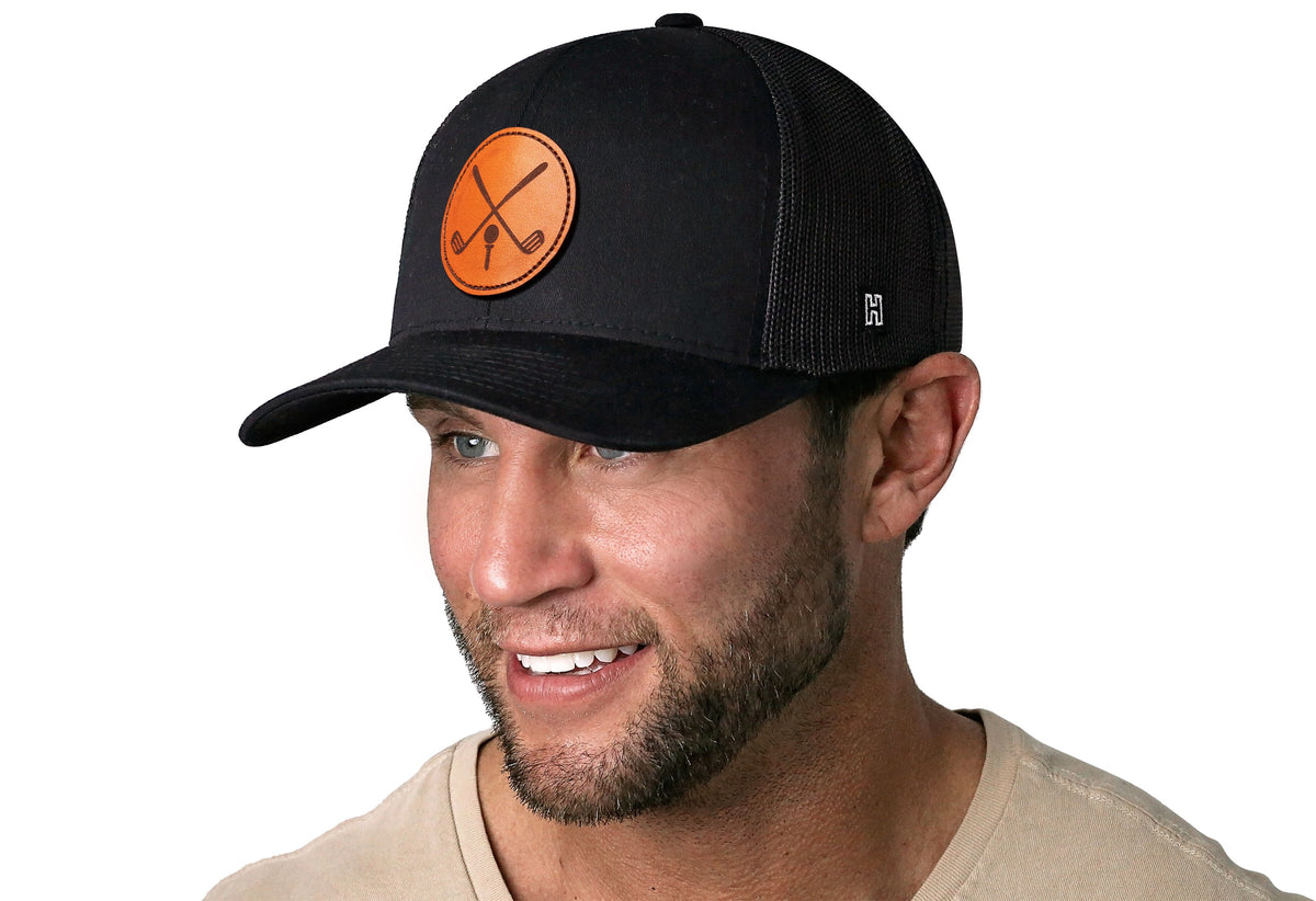 Crossed Clubs Trucker Hat  |  Leather Golf Snapback